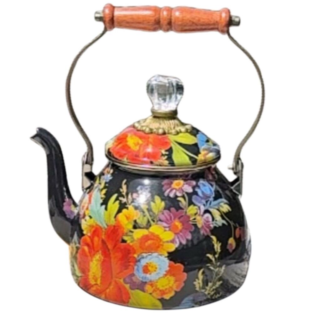 Mackenzie Childs Black Flower Market Enamel Teapot Kettle Excellent Condition